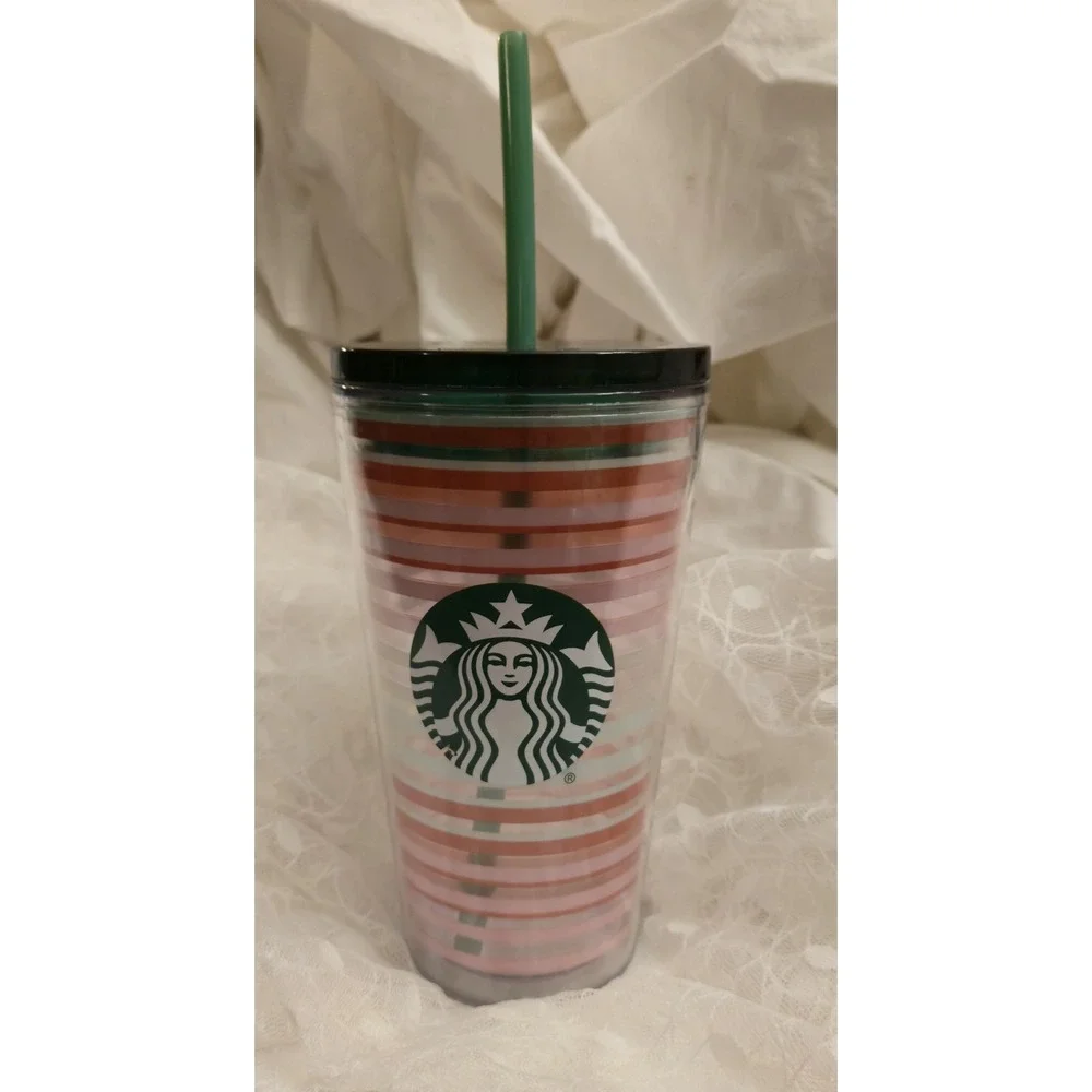 2022 Starbucks Valentine's Day green pink striped 16 Oz tumbler, cold cup EUC